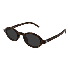 Tortoiseshell sunglasses with dark oval lenses, shown at an angle.