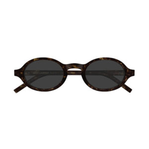 Tortoiseshell oval sunglasses with dark lenses and Saint Laurent Paris branding on the arm.