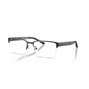 Rectangular black metal eyeglasses with clear lenses and Armani Exchange branding on the temple.