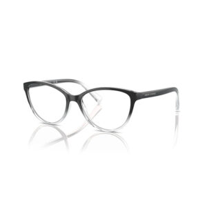 Cat-eye style eyeglasses with a black upper frame and clear lower rims on a white reflective surface.