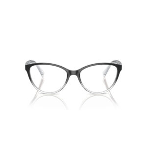 Black-rimmed eyeglasses with clear lenses on a white background.