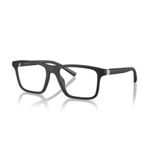 Black rectangular eyeglasses with a full black frame and a subtle silver accent on the temple, on a white background.
