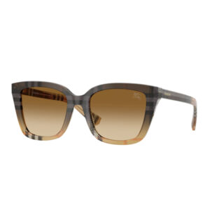 Plaid-pattern sunglasses with brown gradient lenses.