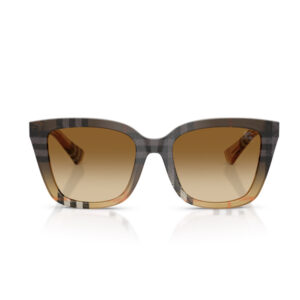 Square-framed sunglasses with a dark plaid-patterned frame and amber-brown gradient lenses, facing forward.