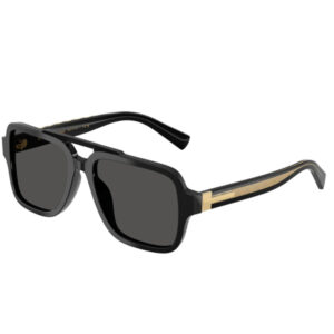 Black rectangular sunglasses with dark lenses and gold-tone detailing along the temples