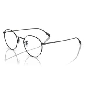 Round black-rimmed eyeglasses with nose pads on a white reflective surface.