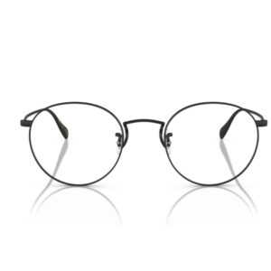 Round black metal eyeglasses with nose pads on a white background, reflected subtly on the surface.