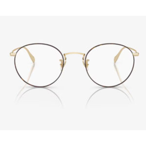 Gold round eyeglasses with thin rims and nose pads, viewed from the front on a white, reflective surface.