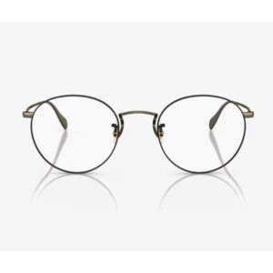 Round metal-framed glasses on a white background, showing thin rims and a double bridge with reflections below.