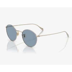 Round blue-tinted sunglasses with a thin gold metal frame on a white background; product image feel.