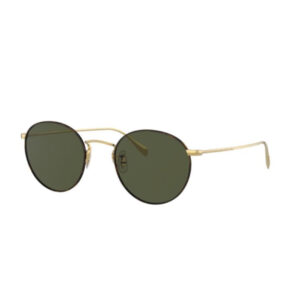 Round sunglasses with dark lenses and a thin gold frame and arms, fashion eyewear accessory