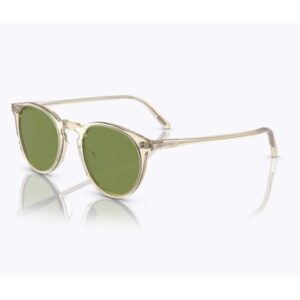 Clear-framed sunglasses with round green lenses on a white background.