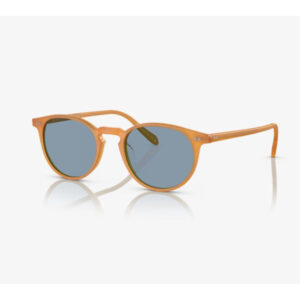 Orange sunglasses with blue lenses on a white background.
