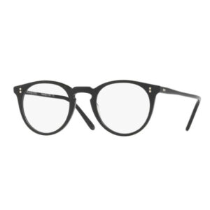 Black round-frame eyeglasses with clear lenses on a white background.