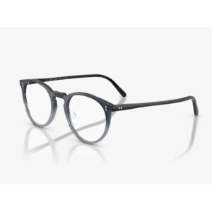 Dark round-frame eyeglasses on a white background, front view.