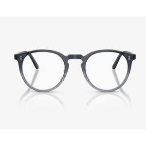 Pair of round eyeglasses with dark blue to gray gradient frames on a white background.