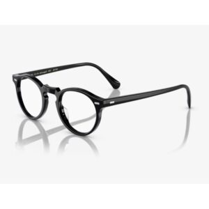 Black round-framed eyeglasses with clear lenses on a white background.