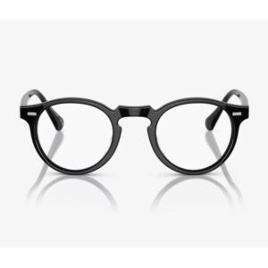 Black round-framed eyeglasses with a keyhole bridge, shown head-on against a light background.