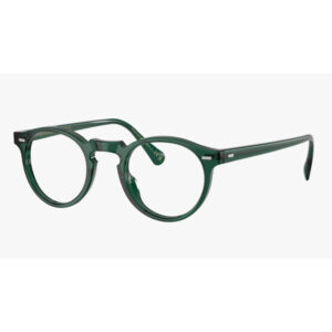Dark green round eyeglasses with thick frames on a white background, showing a keyhole bridge and straight temples.