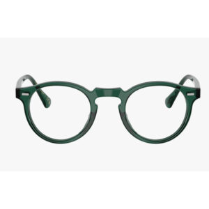 Green round-framed eyeglasses viewed head-on to showcase the front.