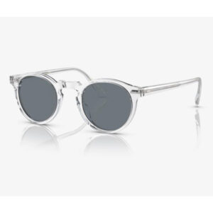Clear-frame round sunglasses with dark grey lenses on a white background.