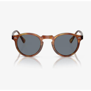 Tortoiseshell round sunglasses with dark gray lenses on a white background, reflecting slightly at the bottom edge.