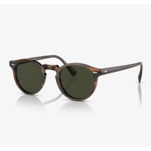 Round tortoiseshell sunglasses with dark green lenses on a white background.