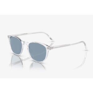 Transparent-frame sunglasses with blue lenses on a white background, angled to show the front and side profiles
