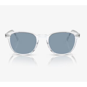 Transparent-frame sunglasses with blue-tinted lenses on a white background, showing a subtle reflection beneath.