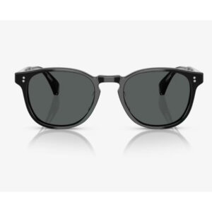 Black Wayfarer-style sunglasses with dark lenses against a white background, front view.