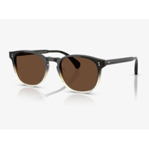 Wayfarer-style sunglasses with brown lenses and a dark frame on a white background