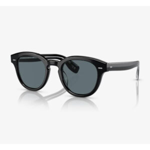 Black round-frame sunglasses with dark lenses on a white background, product photo for showroom catalog.