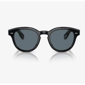Black plastic sunglasses with dark gray lenses, front view on a white background