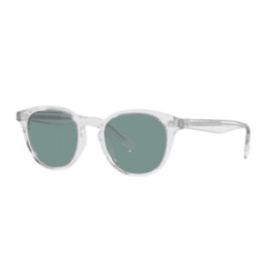 Clear plastic-frame sunglasses with teal-green lenses taken against a white background.