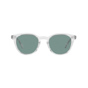 Transparent-frame sunglasses with green lenses, front view, round shape