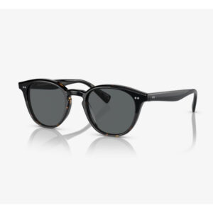 Black sunglasses with rounded lenses and subtle tortoiseshell accents on a white background, product photo