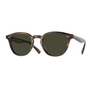 Tortoiseshell sunglasses with dark green lenses in a classic wayfarer style, viewed head-on on white background