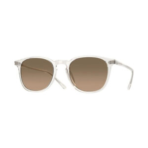 Clear-frame sunglasses with brown gradient lenses viewed head-on