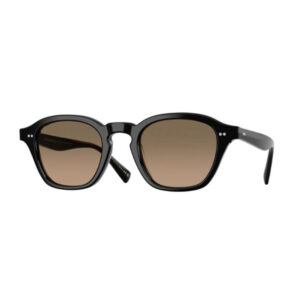 Black-framed sunglasses with brown gradient lenses shown from the front, simple and classic look.