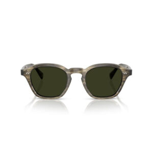 Sunglasses with olive-green lenses and mottled brown frame viewed head-on in front of a white background