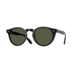Black round-framed sunglasses with dark green lenses viewed from the front.