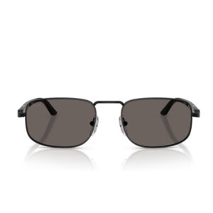 Front view of black metal sunglasses with rectangular dark lenses, nose pads, and a slim bridge.