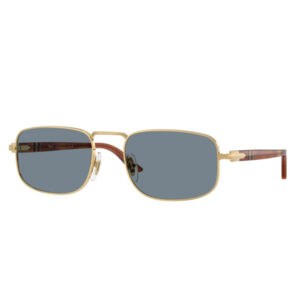 Gold-rimmed sunglasses with rectangular blue-gray lenses and brown arms, sitting flat on a white background.