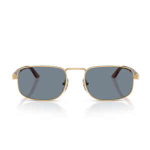 Gold-framed sunglasses with blue rectangular lenses, front view on white background
