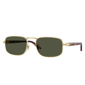 Gold rectangular sunglasses with dark green lenses and tortoiseshell temples.