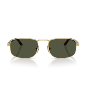 Gold rectangular sunglasses with a metal frame and dark green lenses on a white background