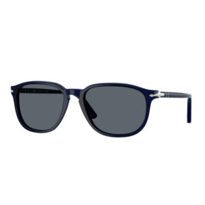 Blue-framed sunglasses with dark gray lenses viewed head-on.