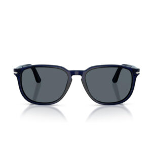 Blue-frame sunglasses with dark gray lenses viewed from the front.