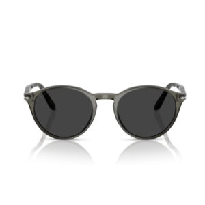Pair of gray-framed sunglasses with dark lenses, facing forward on a white background.