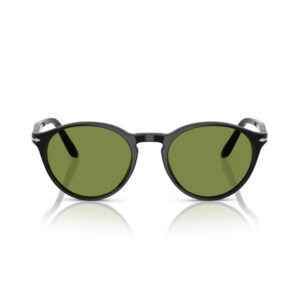Black-framed sunglasses with olive green lenses on a white background, with a subtle reflection.